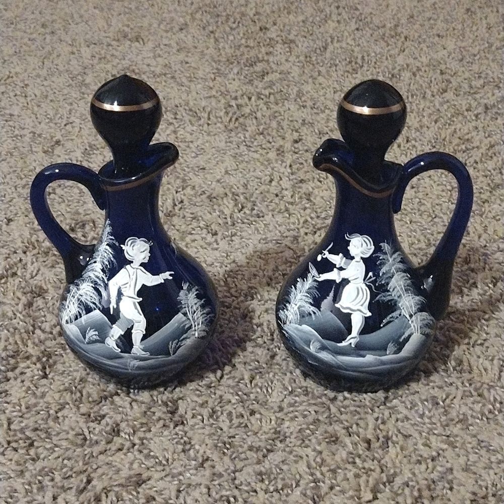 Vintage Set of Two Cobalt Blue Small Mary Gregory Cruets, Ewer Hand Painted Pair